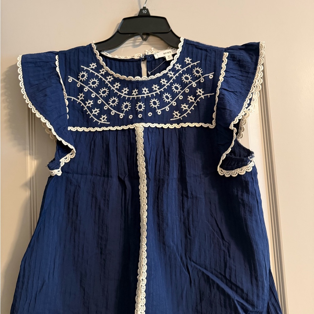 MINE Navy Blue Embroidered Top with White Trim NWOT Medium